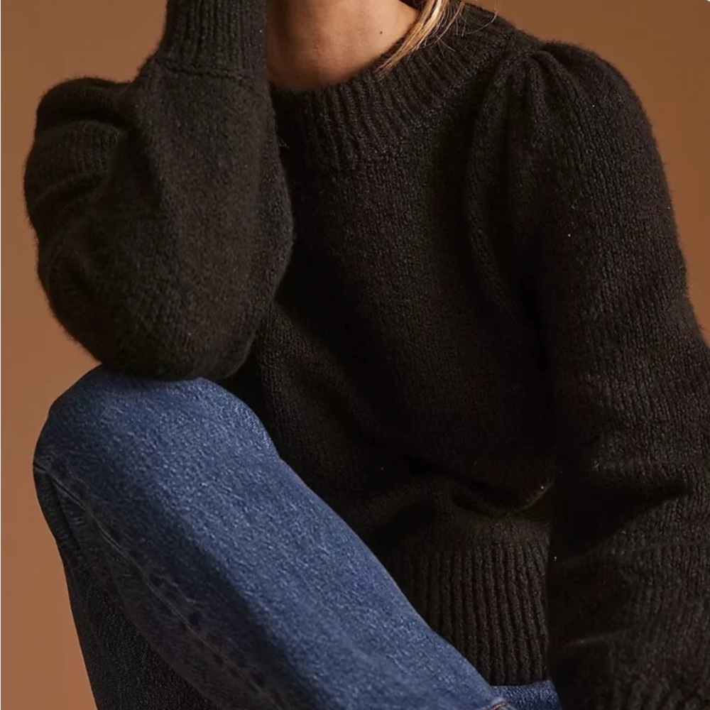 ANTHROPOLOGIE Maeve Puff-Sleeved Ribbed Cotton Long Sleeve Sweater
